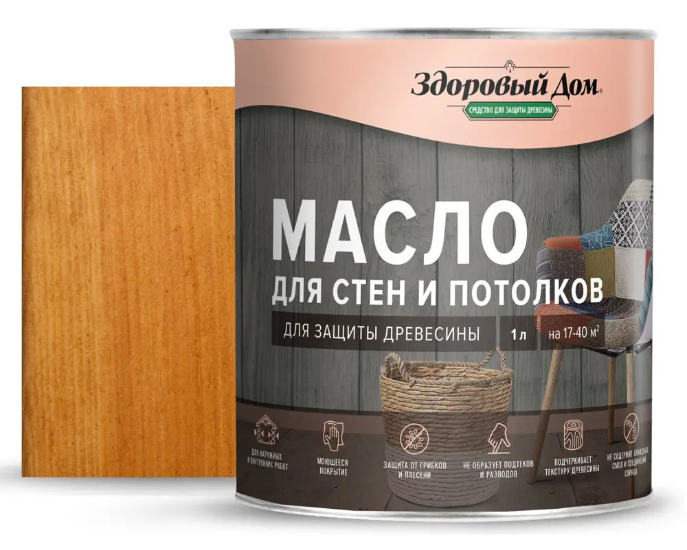 Масло для дерева ЗДОРОВЫЙ ДОМ - защита и декор стен, потолков, мебели цвет дуб 1 л 82336798