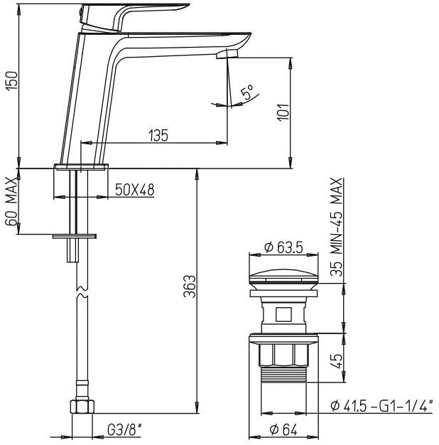 Paini Nove 09CR211MESR смеситель для раковины с донным клапаном  - Вид №2