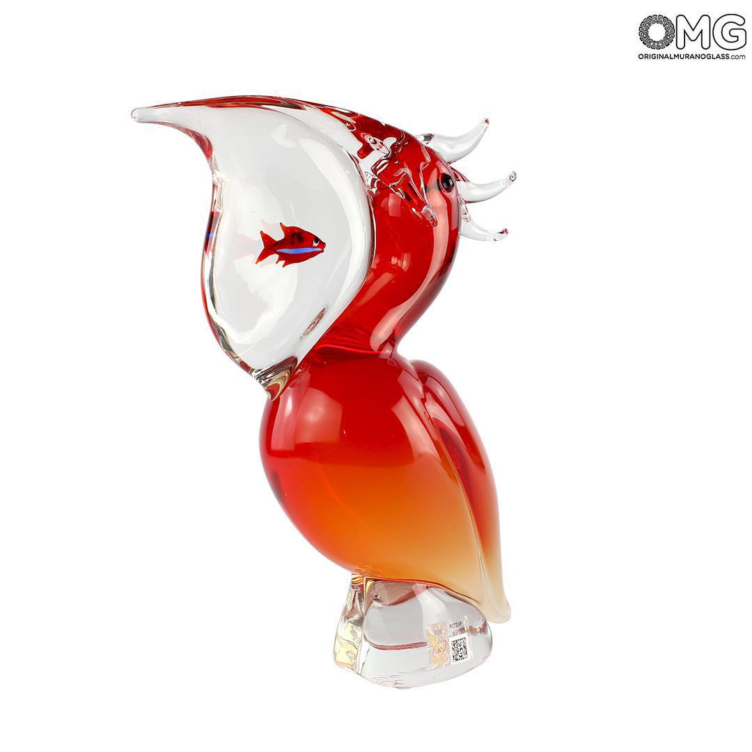 4355 ORIGINALMURANOGLASS Скульптура Красный Пеликан с рыбой - соммерсо - муранское стекло OMG 19 см  - Вид №1