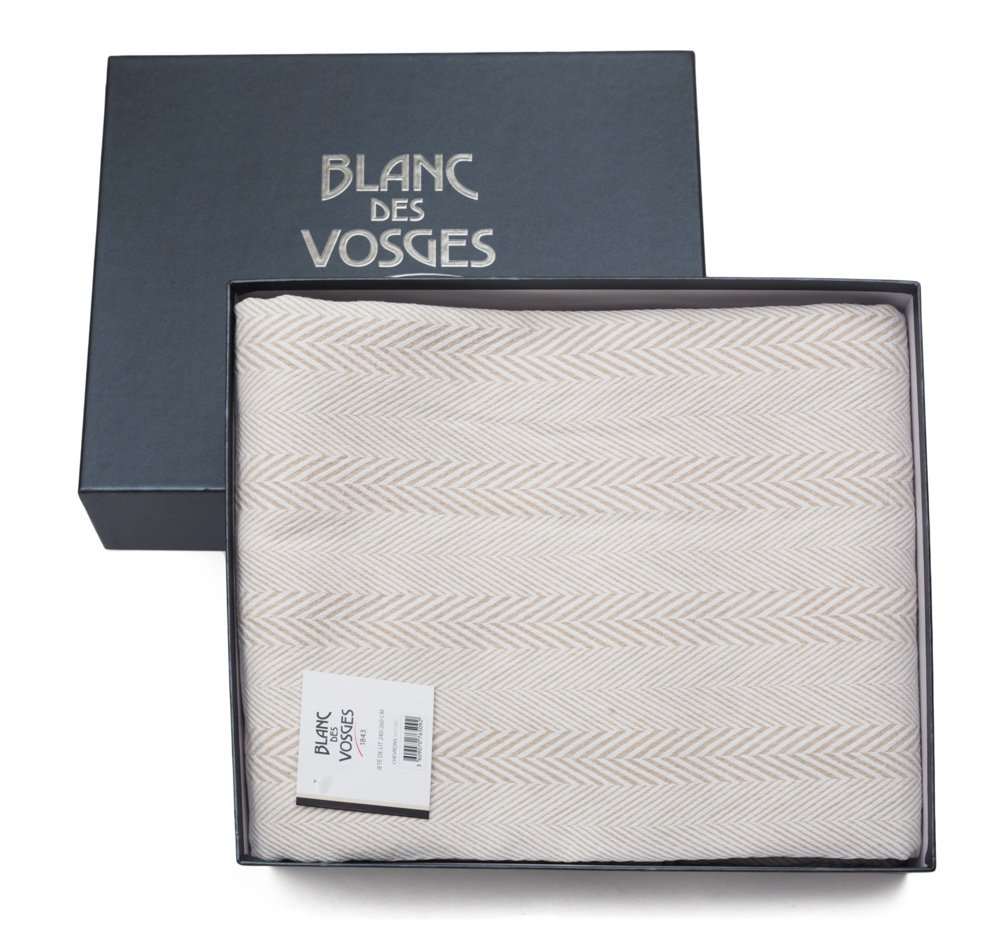 CHE_180_N Покрывало 180/260, елочка бежевый 85% хлопок + 15% лен пике, постиранный stonewashed Blanc des Vosges Santreyd 