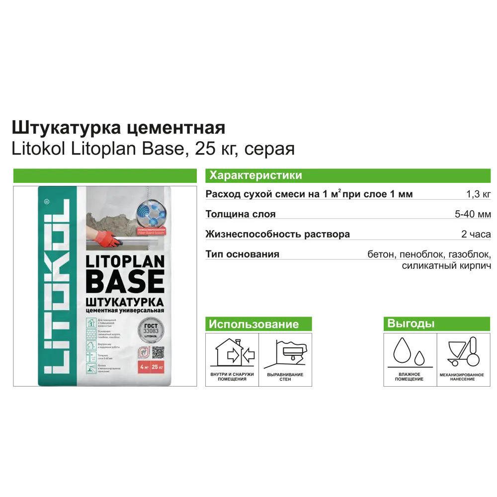 Litokol Litoplan Base - универсальная цементная штукатурка для профессионального выравнивания 85240248 STLM-0060359 - Вид №2