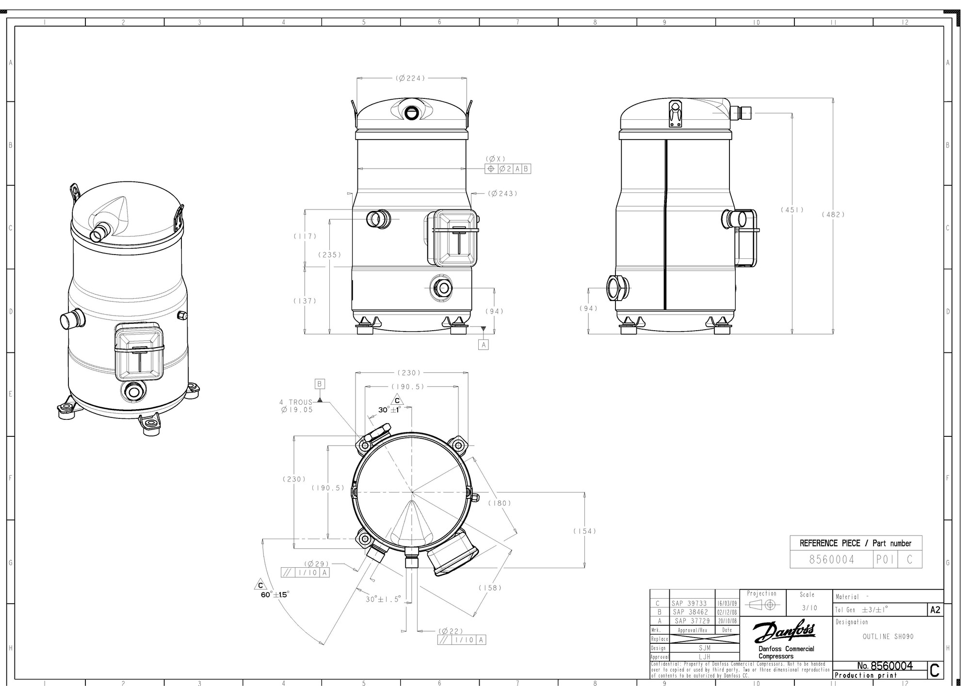Danfoss SH — Герметичные спиральные компрессоры, R410A SH240A4ABE Компрессор спиральный 120H0300  - Вид №5