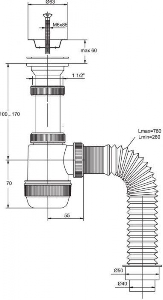 Сифон МИНИ Элит 1 1/2х40 нер.вып. с гиб.тр. 40х50 (30986780) МИНИ Элит WIRQUIN 15138 - Вид №1