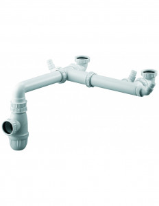 762100 001 00  Компактная трубка, 2 смещенных резервуара, регулируемые, сифон в комплекте, смешанные выпускные отверстия, Д. 40 мм, пластик Valentin Белый