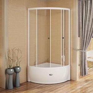 Душевой угол 90 (высокий поддон), стеклянные шторки (прозрачные), поддон на раме-подставке с устройством слива, фронтальная панель, профиль белый