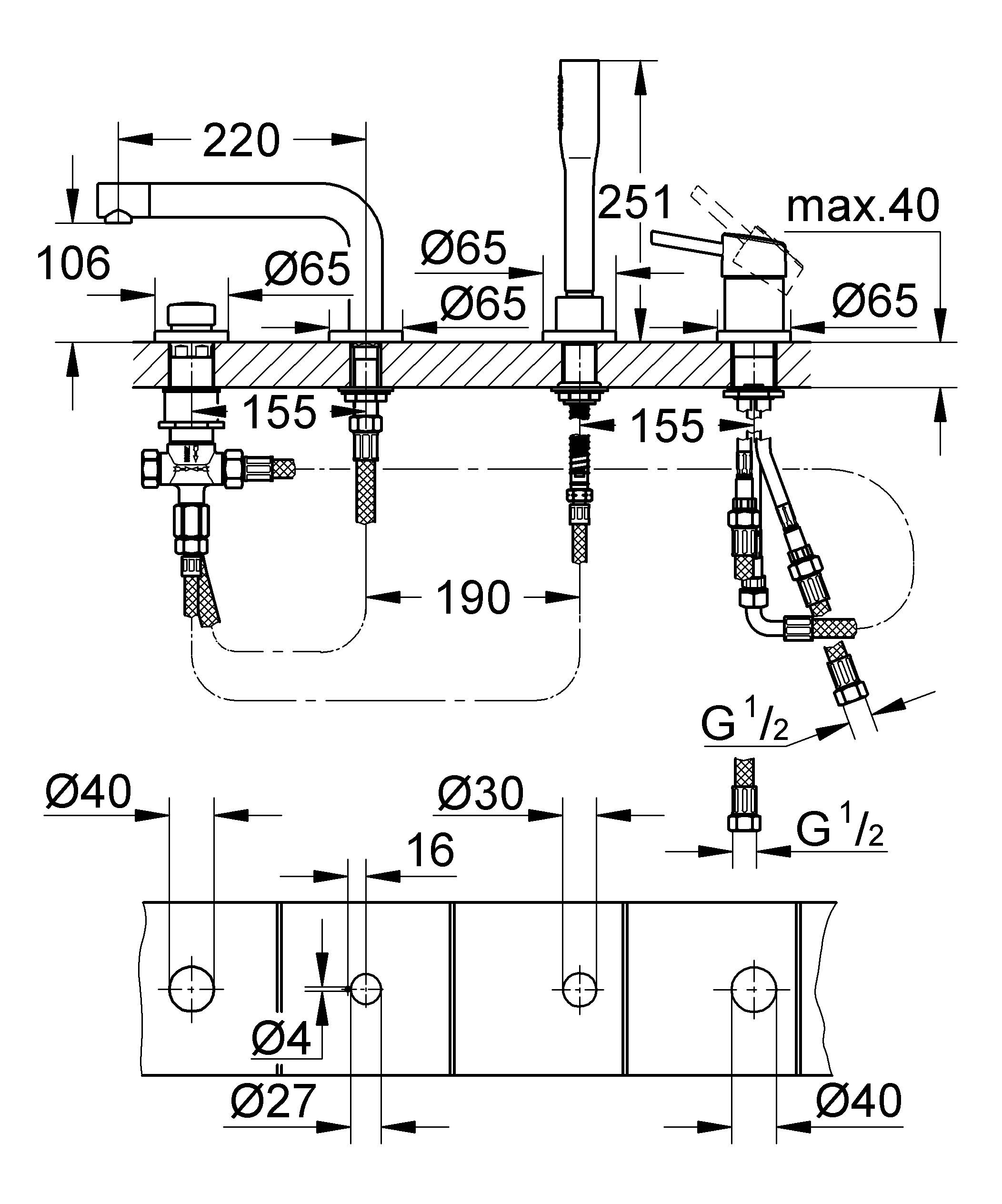 Смеситель для ванны GROHE Concetto New на 4 отверстия с ручным душем и переключателем, хром (19576002) - Вид №1