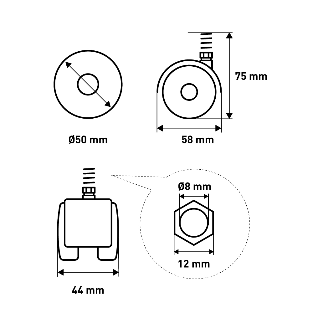 Мебельное колесо поворотное , с винтом М8, без тормоза, D50, белый LJPS0206 Public Steel Россия  - Вид №5