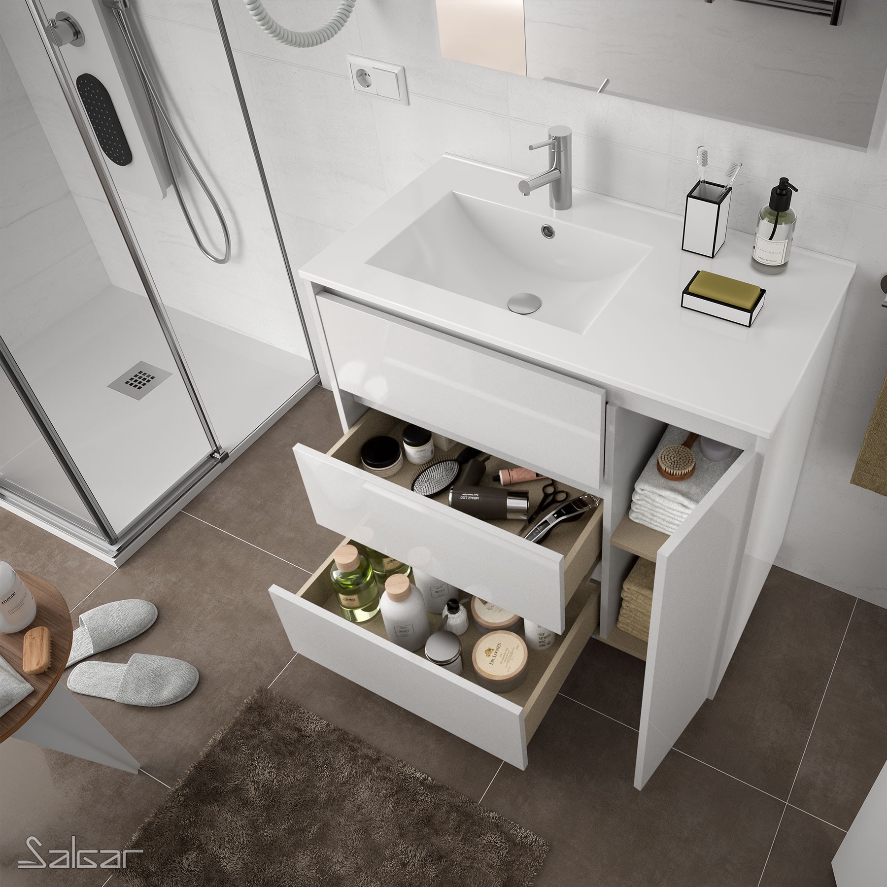 85117 SALGAR Комплект мебели для ванной ARENYS 855 WHITE GLOSS LACQUERED + Раковина + Зеркало + Свет Глянцевый белый - Вид №1