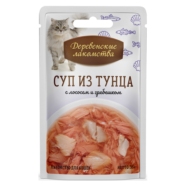 ПР0049746 Корм для кошек Суп из тунца с лососем и гребешком, 35г ДЕРЕВЕНСКИЕ ЛАКОМСТВА 