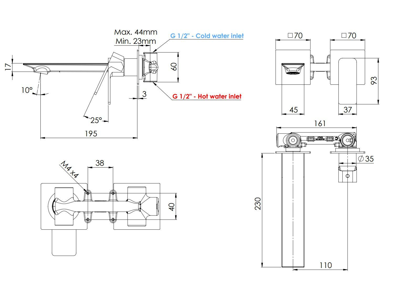 Настенный однорычажный смеситель для раковины с пластиной Rubinetterie Mariani Icon ARCH-00072175 - Вид №1