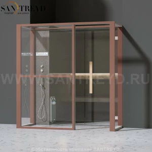 Effegibi LOGICAFILO H LO31030012 Хаммам. Установка: в полунишу. Левая дверь. Мощность: 4,5 кВт макс. Размеры: длина 214 см, ширина 250 см. Отделка: матовый лакированный коричневый аллюминий и темный ламинат из керамогранита.