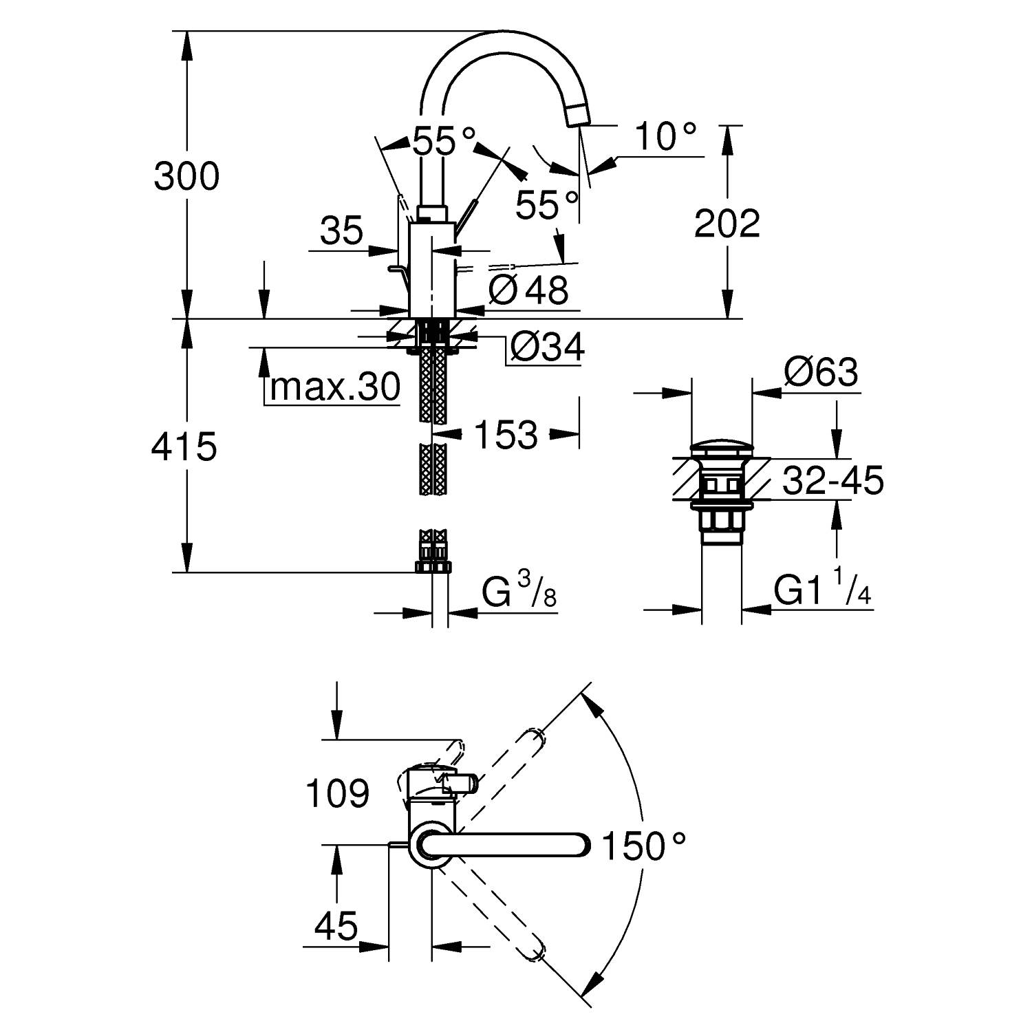Смеситель для раковины GROHE Eurosmart Cosmopolitan с нажимным сливным гарнитуром, L-Size, хром (23933001) - Вид №1