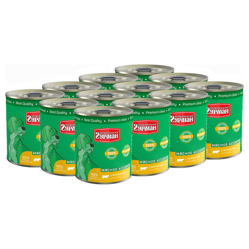 Т0055562*12 Корм для собак Мясное ассорти потрошки конс. 340г (упаковка - 12 шт) ЧЕТВЕРОНОГИЙ ГУРМАН 