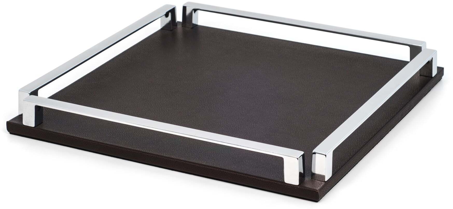 Пол Трей - 37X37 см / металл-отделка_сатин-латунь / плетеная кожа_темно-серый