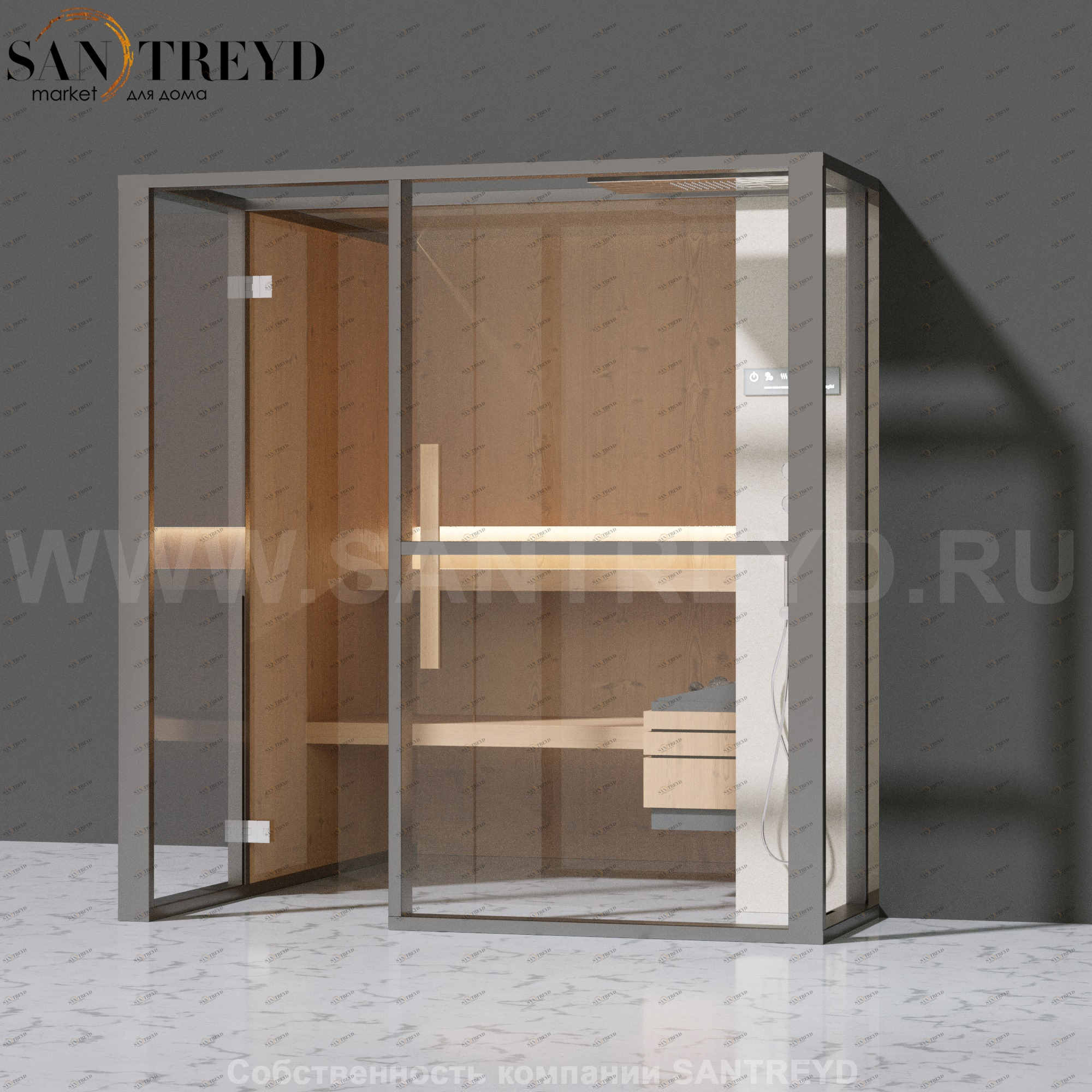 Effegibi LOGICAFILO S LO21010015 Сауна. Установка: в правый  полуугол. Правая дверь. Мощность: 6 кВт макс. Размеры: длина 214 см, ширина 250 см. Отделка: канадский хемлок, матовый лакированный серый аллюминий и бежевый ламинат из керамогранита.