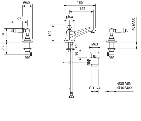 Смеситель для раковины с 3 отверстиями для пола с автоматическим сливом Park Avenue Caruso ARCH-00055989 - Вид №1