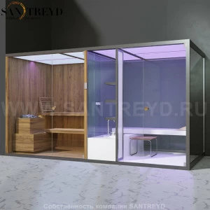 Effegibi BODYLOVE SH BL40230005 Фронтальная комбинированная баня: хаммам и сауна. Установка: в левый угол. Мощность: 15 кВт макс. Размеры: длина 393 см, ширина 176 см. Отделка: термообработанная древесина, гладкое стекло и зеркало.