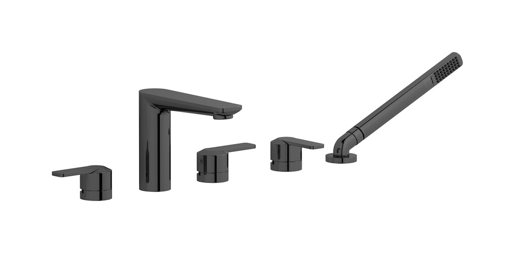 Смеситель на бортик ванной на 5 отверстий с дивертером и душевым гарнитуром. WE ARE IB c6396cf Black Chrome C-67