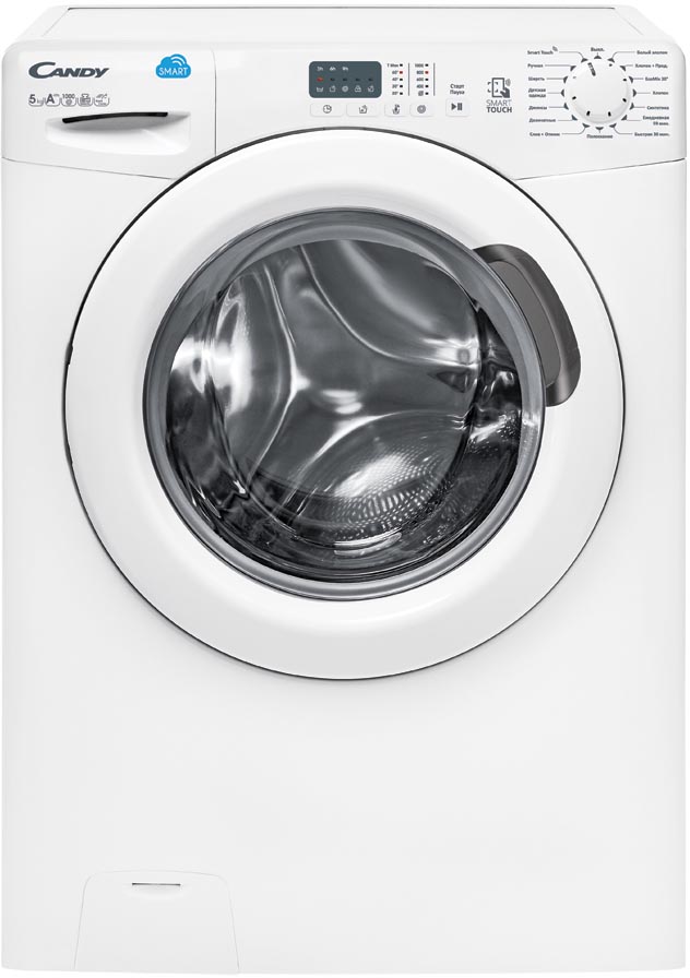 CS4 1051D1/2-07 Стиральная машина / узкая стиральная машина, 85x60x40, smart touch, загрузка фронтальная, 5кг, до 1000 об/мин при отжиме,таймер отсрочки старта, led индикация, белая Candy Santreyd 