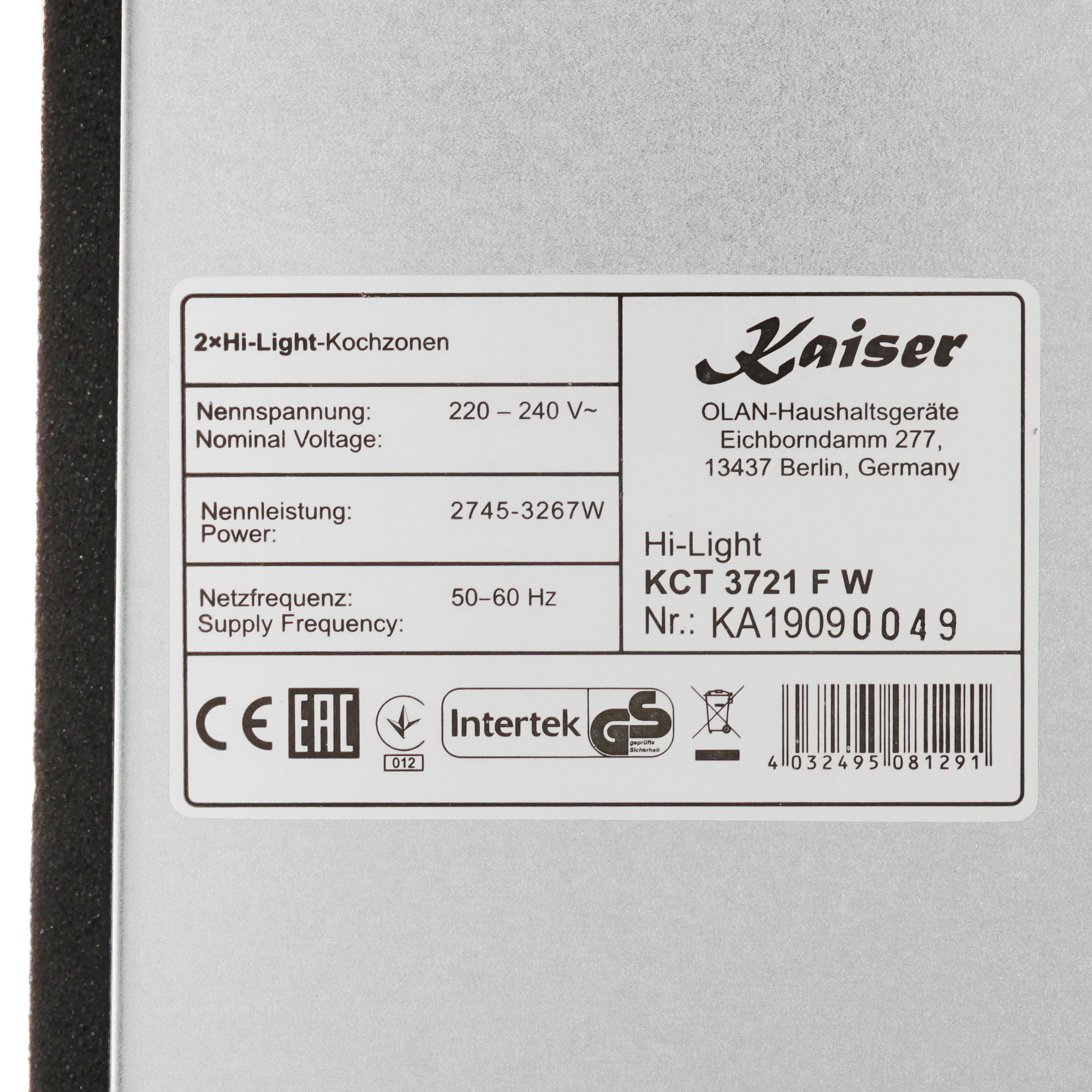 8161348 Электрическая варочная поверхность Kaiser KCT 3721 FW STDN-0098044 - Вид №4