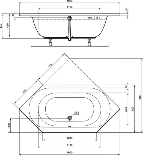 E106901 Встраиваемая акриловая шестиугольная ванна 190х90 см Ideal Standard CONNECT AIR - Вид №2