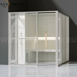 Effegibi LOGICAFILO H LO31020006 Хаммам. Установка: в левый угол. Левая дверь. Мощность: 4,5 кВт макс. Размеры: длина 214 см, ширина 250 см. Отделка: матовый лакированный белый аллюминий и серый ламинат из керамогранита.