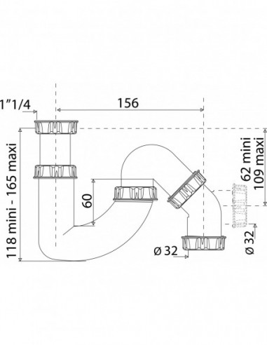 621500 001 00  Сифон для умывальника, разнонаправленный выход Д. 32 мм, регулируемая высота, белый пластик Valentin Белый  - Вид №2