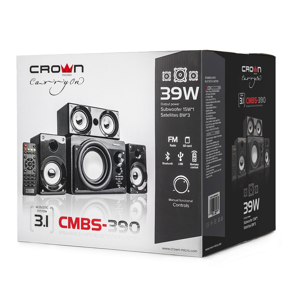 CMBS-390 Акустическая система 3.1 (мдф, bluetooth, 15w+8w*3=39w; приёмник fm; картридер; интерфейс usb; ir пульт, дополнительная фронтальная колонка) Crown Santreyd  - Вид №5