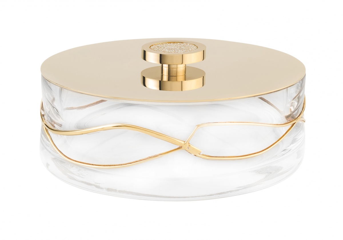 6622/GO Surya Crystal Stream, круглая емкость с крышкой 16х6 см для гигиенич. принадлежностей, цвет золото 