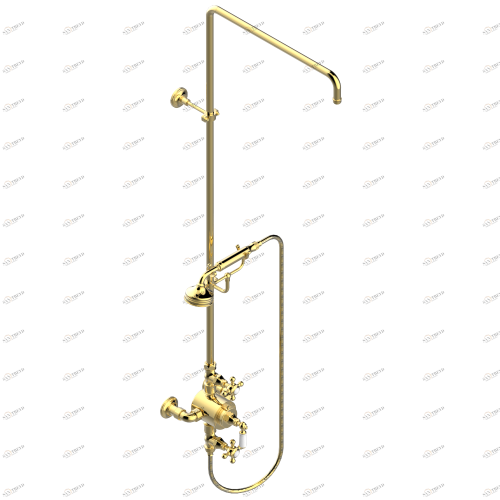 G25-64TRCD Смеситель термостатический для душа встраиваемый в стену / перекрывающие краны / открытая душевая колонна / душ "телефон", шланг и настенные рожки для лейки - межцентровое расстояние 150 мм. (без верхней лейки) Thg-paris 1900 Золото G25 64TRCD CAT.F