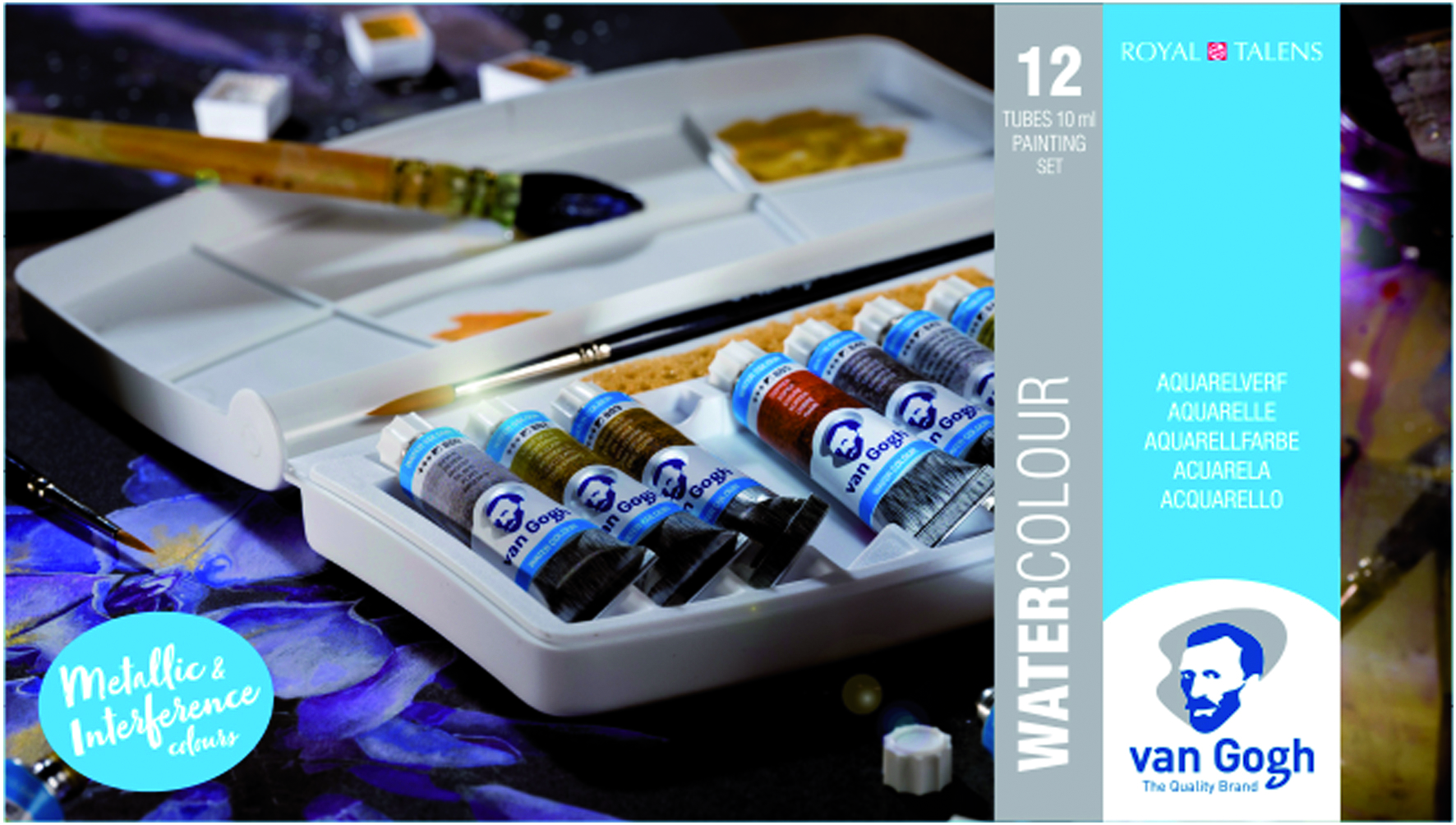 20800212 Краска акварель Набор акварельных красок Van Gogh 12цв*10мл с кистью пластиковый короб "Specialty" (интерферентные + металлики) Royal Talens 