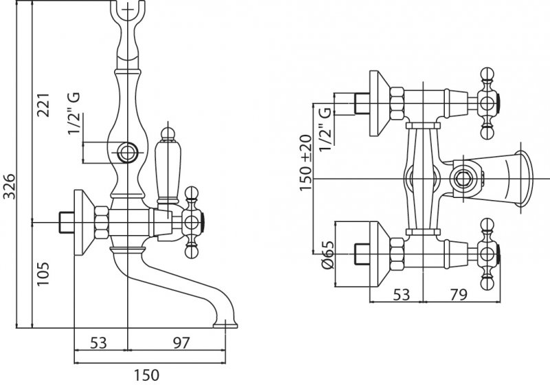 Смеситель для ванны с ручным душем, шлангом 150 см CEZARES NOSTALGIA-VD-02-M - Вид №1