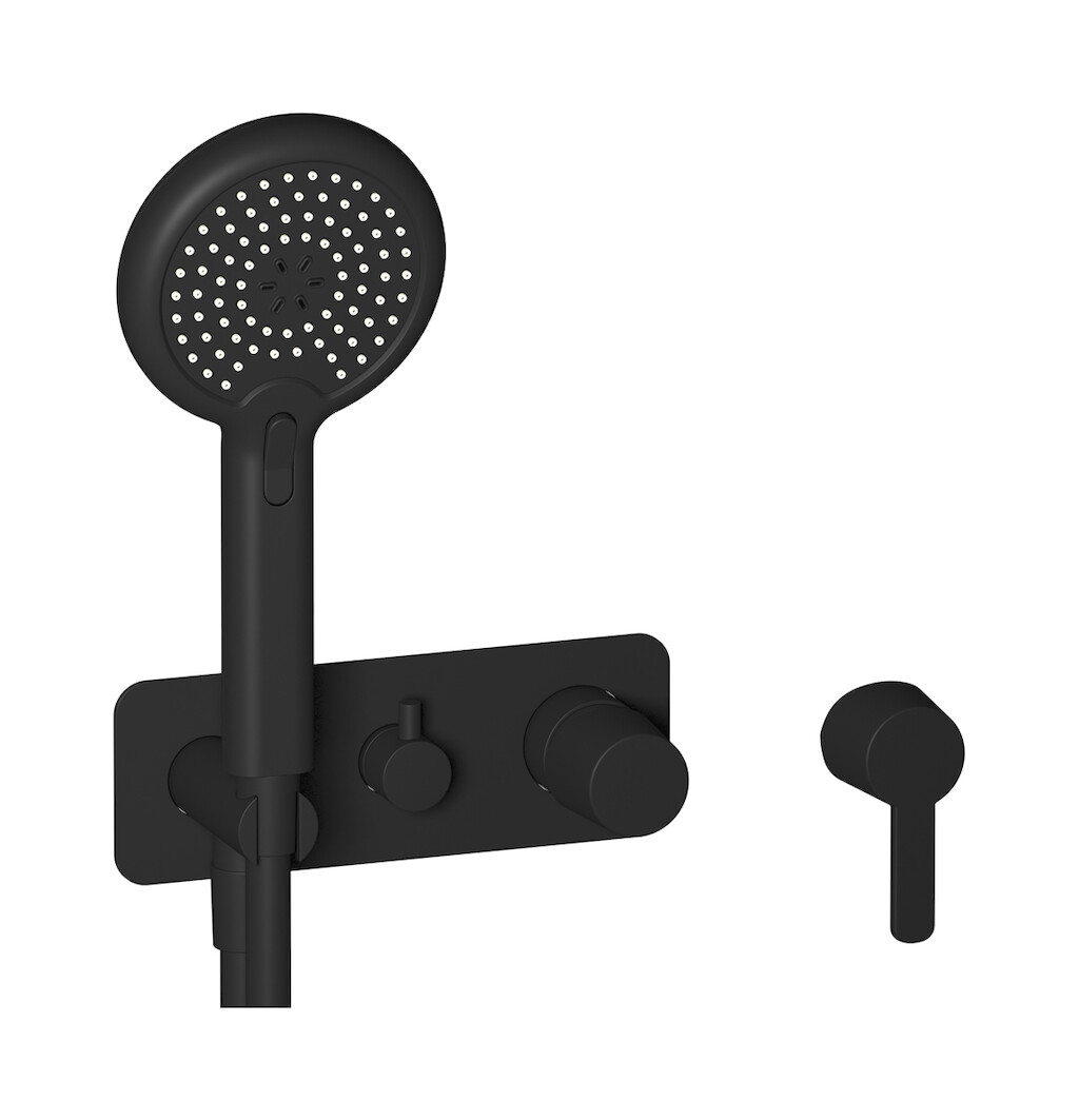 Внешние части встроенного в стену смесителя на 3 потребителя в комплекте с душевым гарнитуром. WE ARE IB aa200cc Matt Black TAAAC