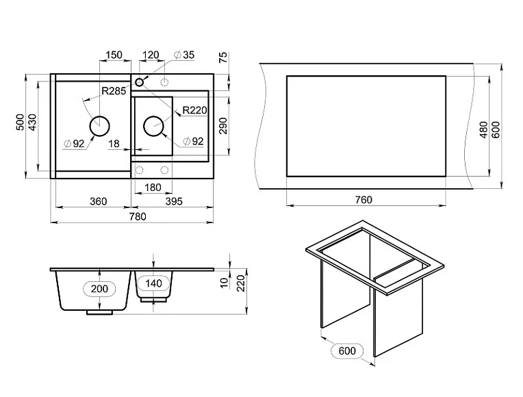 ES-7808, АЛЮМИНИУМ, кухонная мойка, кварц, ESTETICA GRANULA 7808-ST281 - Вид №4