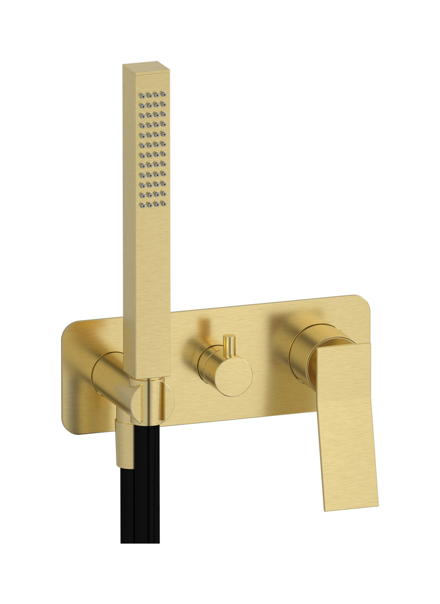 Внешние части встроенного в стену смесителя на 2 потребителя в комплекте с душевым гарнитуром. WE ARE IB wa312np Brushed Pale Gold Wave