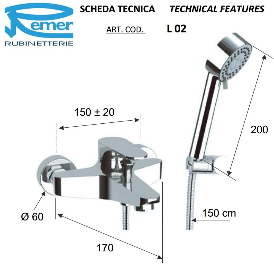 Remer Rubinetterie Смеситель для ванны настенный с ручным душем Class line L 02 - Вид №2