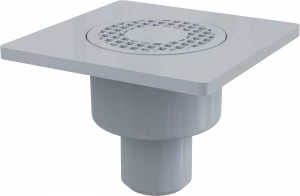 Сливной трап 150×150/50 мм прямой сток, решетка серая, гидрозатвор мокрый