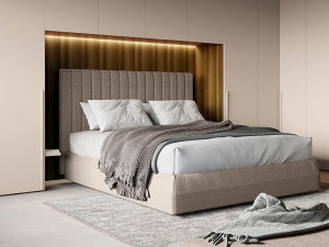 Двуспальная кровать из ткани с мягким изголовьем