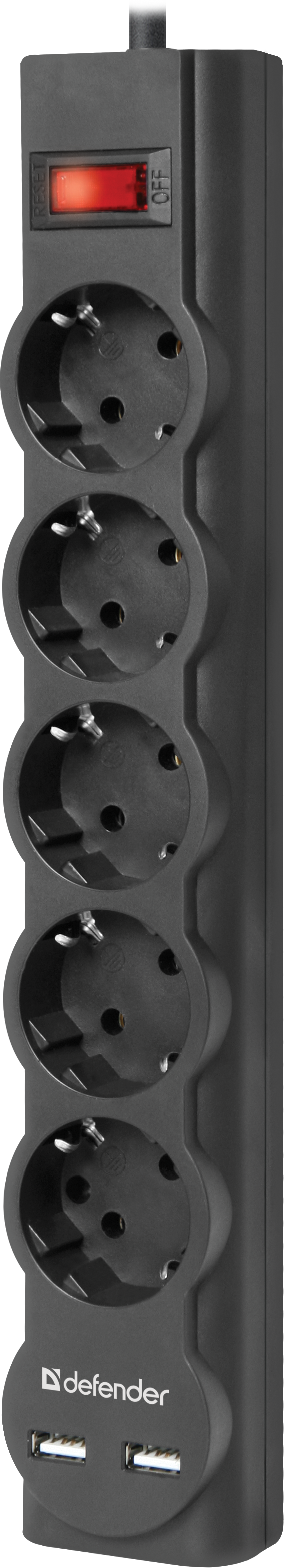 99751 Сетевой фильтр dfs 751 1,8 м, 5 розеток, 2xusb, 2.1a Defender Santreyd  - Вид №1