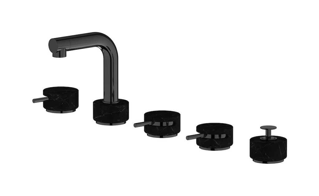 Смеситель на бортик ванной на 5 отверстий с дивертером и душевым гарнитуром. WE ARE IB mm396cf_2 Black Chrome Marmo