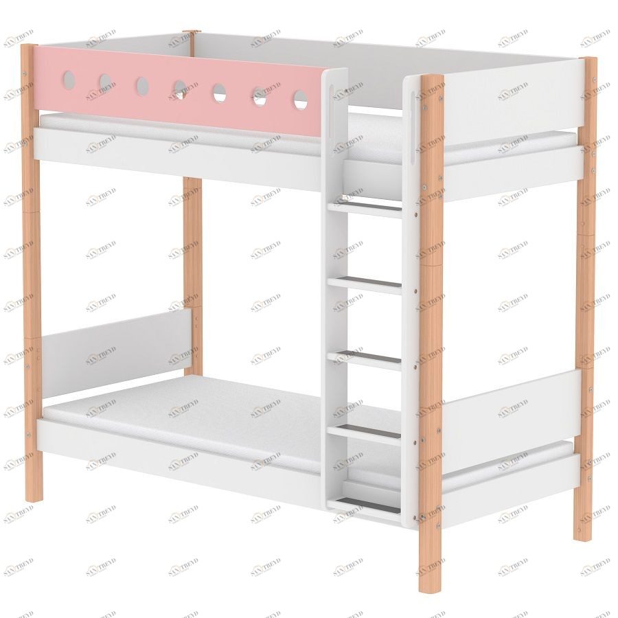 Кровать Flexa White двухъярусная с прямой лестницей, 190 см, розовая лакированная 801741321