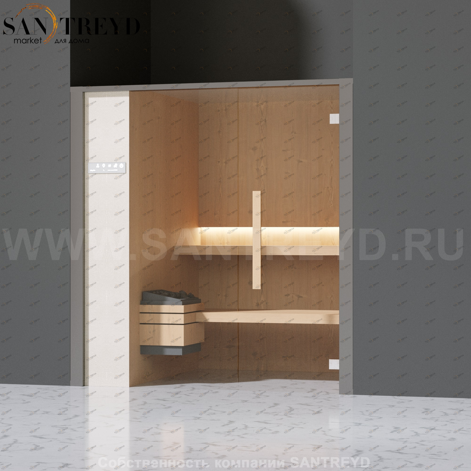 Effegibi ONEFILO S LO51010010 Сауна. Установка: в нишу. Левая дверь. Мощность: 4,5 кВт макс. Размеры: длина 214 см, ширина 171 см. Отделка: матовый лакированный серый аллюминий и бежевый ламинат из керамогранита.