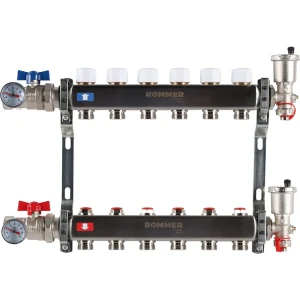 Коллектор в сборе для радиаторного отопления Rommer 1"x3/4" 6 выходов нержавеющая сталь RMS-3210-000006