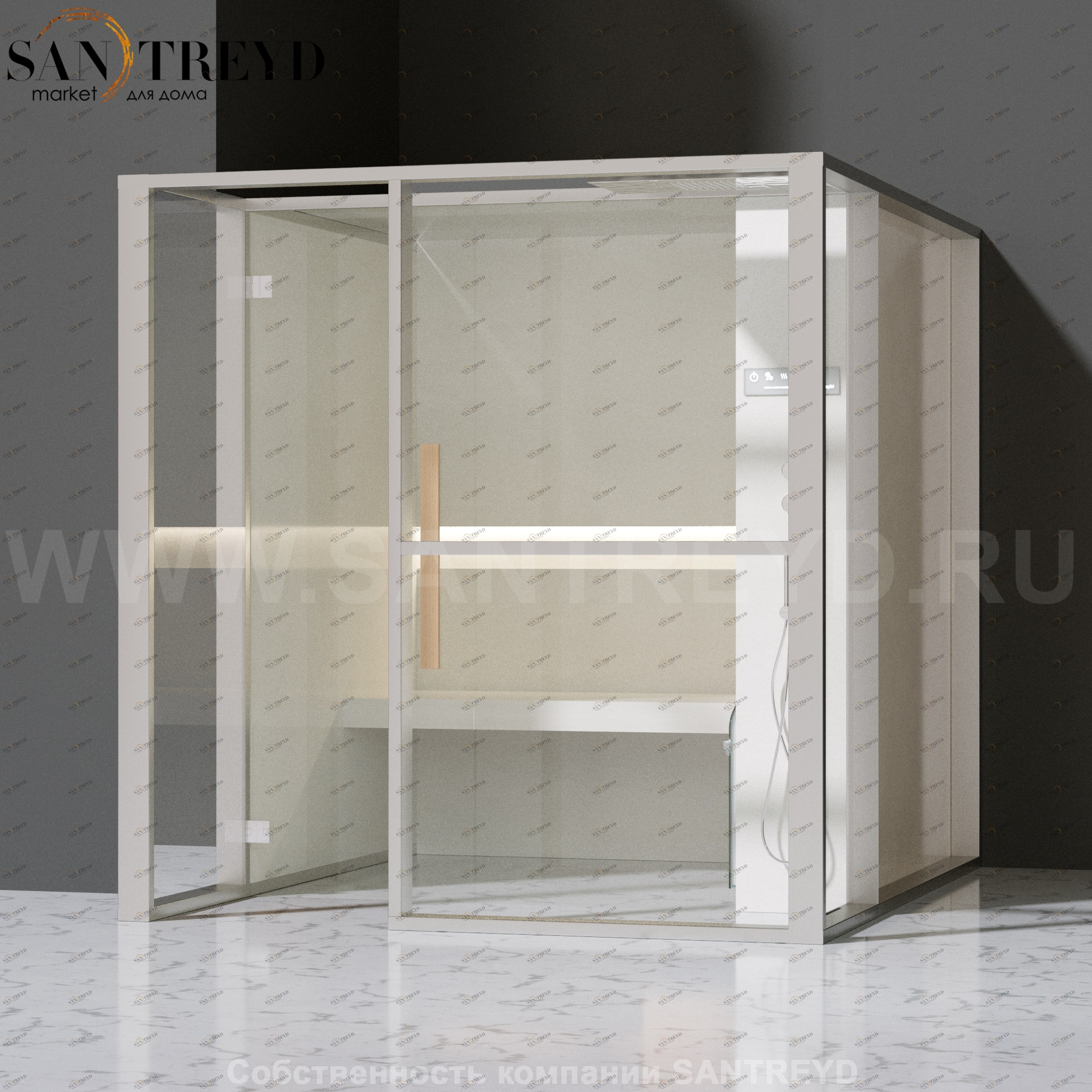 Effegibi LOGICAFILO H LO31020013 Хаммам. Установка: в левый  полуугол. Правая дверь. Мощность: 4,5 кВт макс. Размеры: длина 214 см, ширина 250 см. Отделка: матовый лакированный белый аллюминий и серый ламинат из керамогранита.