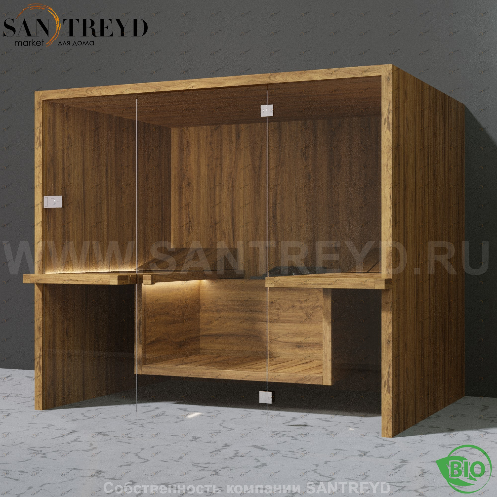 Effegibi AIR BI90800002 Био-сауна. Установка: к стене. Мощность: 9 кВт макс. Размеры: длина 247 см, ширина 182 см. Отделка: осина термообработанная.