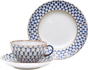 1044071 Императорский фарфоровый завод Набор чайный ИФЗ "Кобальтовая сетка" 3 предмета, 250мл, ф.Тюльпан Фарфор твердый