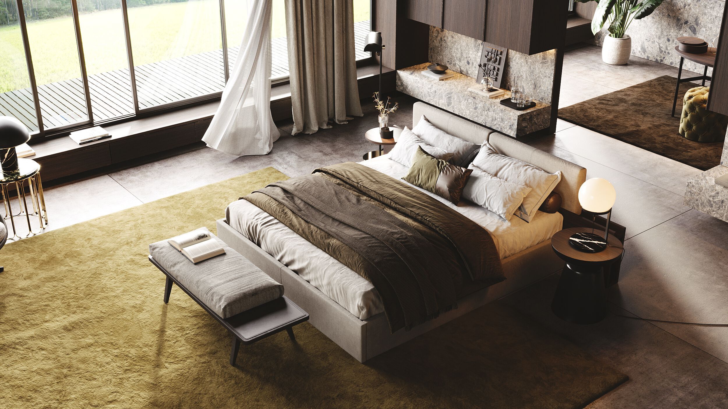 Двуспальная кровать из ткани с мягким изголовьем и встроенными тумбочками Laskasas Origin ARCH-00106710 - Вид №4