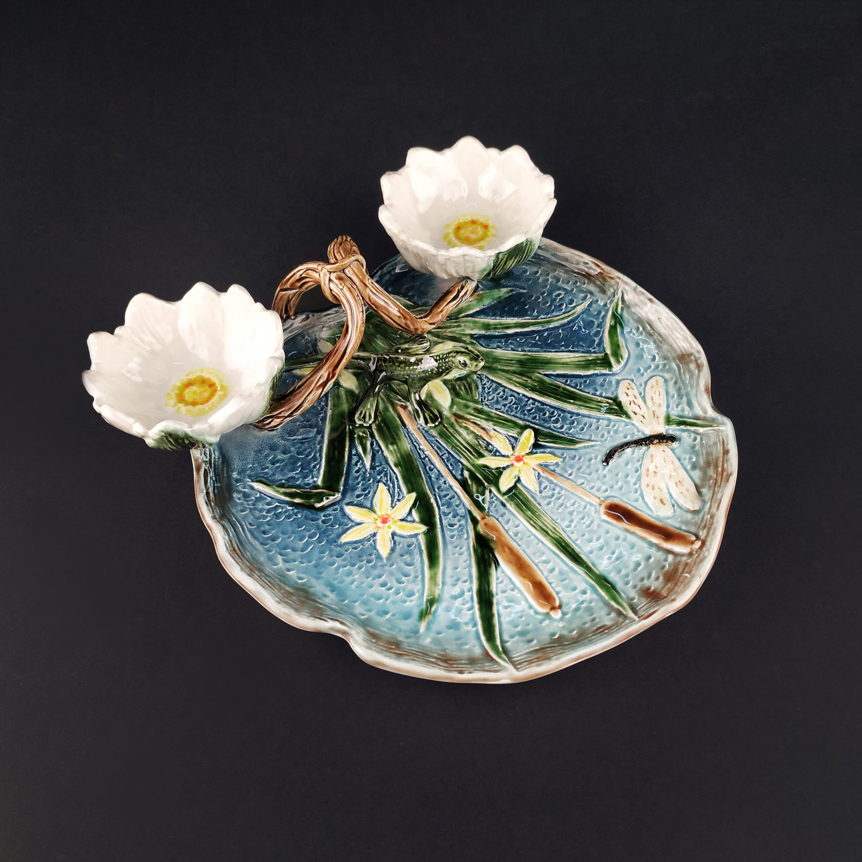 Блюдо для закусок (с двумя кувшинками) Бирюза/Зеленый PROVANSFAIENCE sun-id-994698 - Вид №1