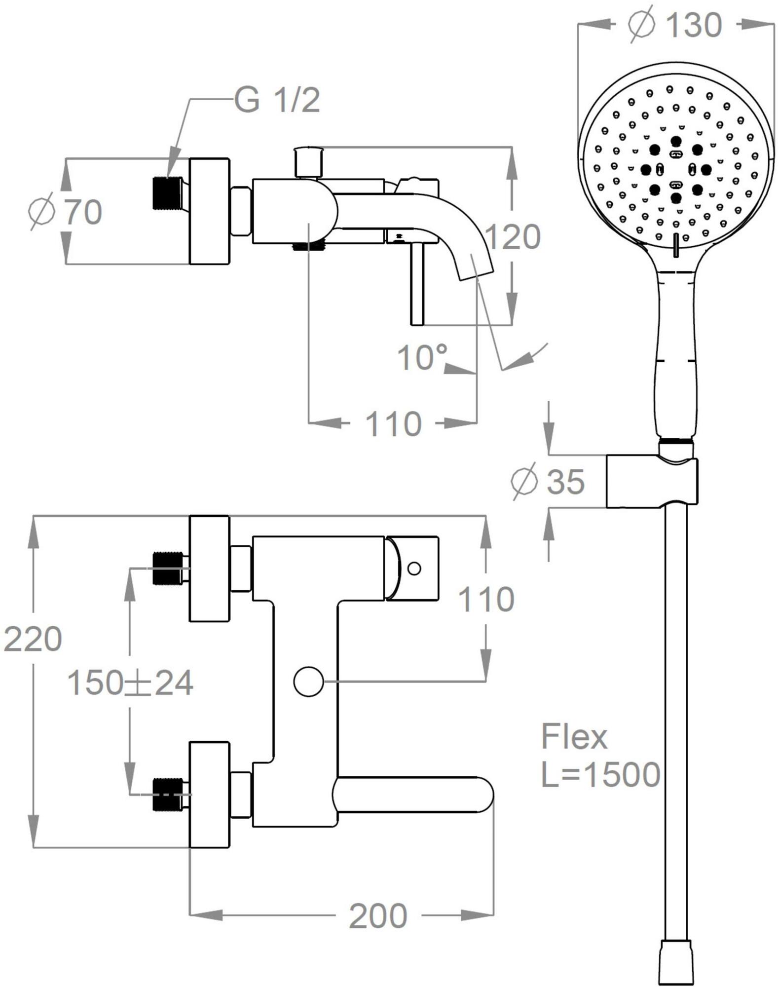 Fir Italia Смеситель для ванны настенный из латуни с ручным душем Cleo 84 8434016 - Вид №1