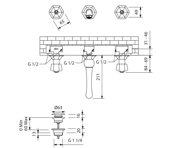 Настенный смеситель для раковины с 3 отверстиями Park Avenue Белый ARCH-00134904 - Вид №1